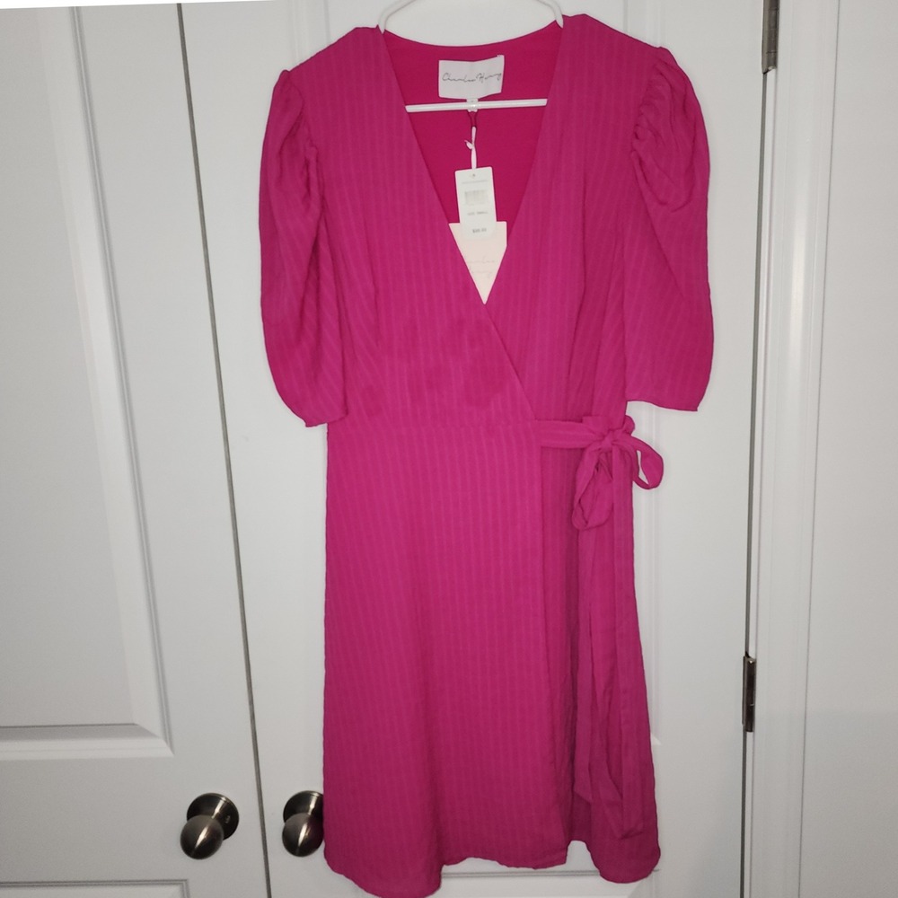 Charles Henry Wrap Dress Puff Sleeve Magenta Pink Mini Dress Size Small